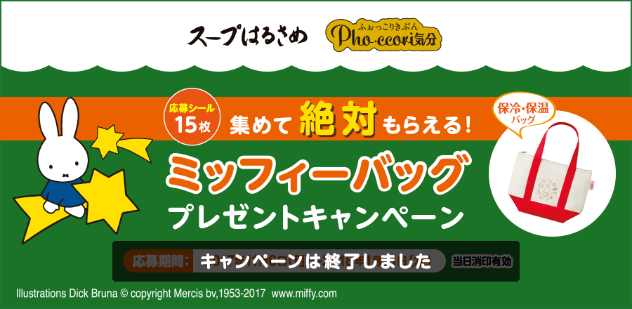 応募シール15枚集めて絶対もらえる！ミッフィーバッグプレゼントキャンペーン キャンペーンは終了しました