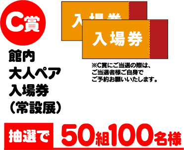 C賞 館内大人ペア入場券（常設展） 抽選で50組100名様 ※C賞にご当選の際は、ご当選者様ご自身でご予約お願いいたします。