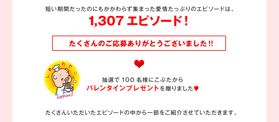 短い期間だったのにもかかわらず集まった愛情たっぷりのエピソードは、1,307エピソード！